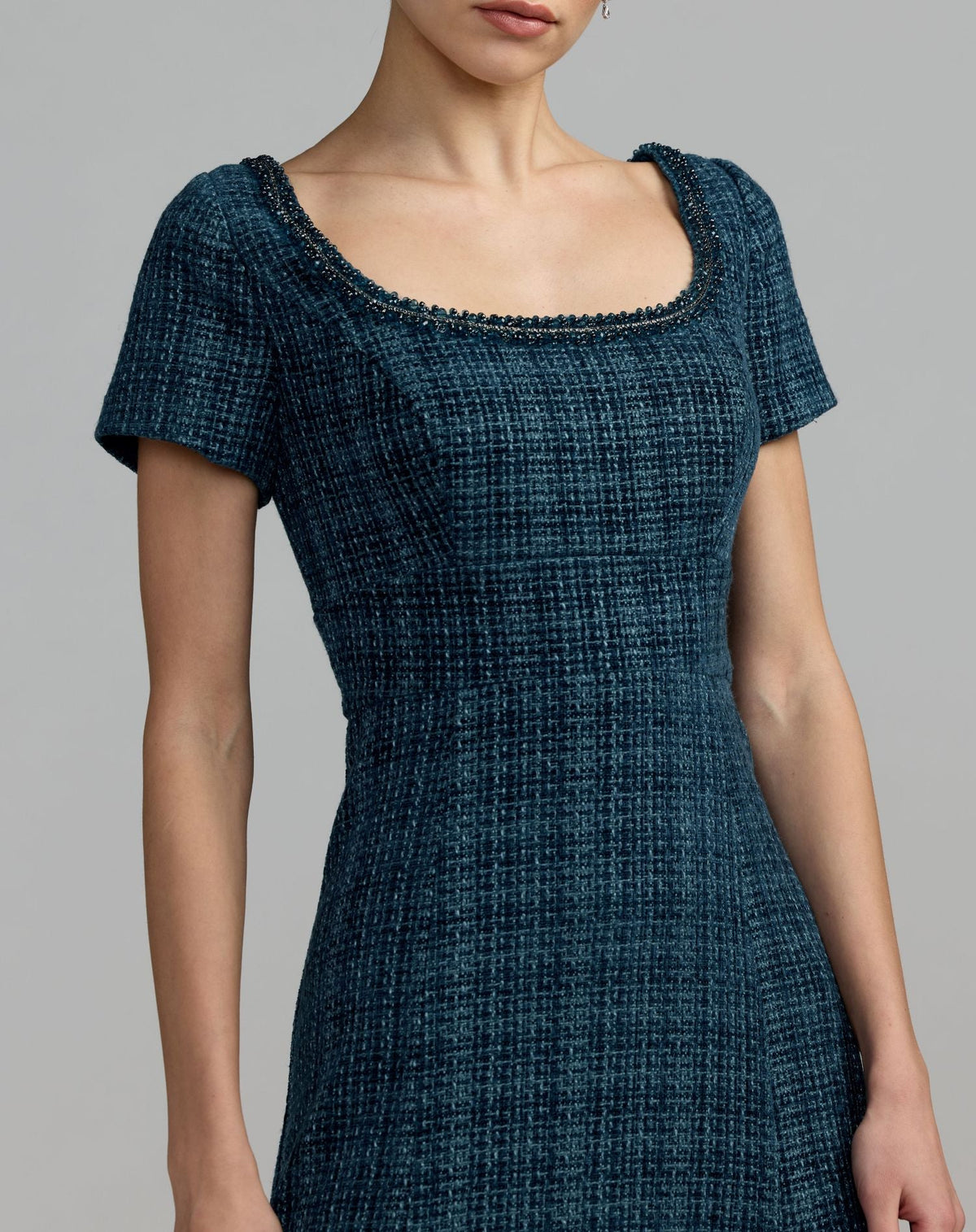 Mac Duggal #56453 teal short sleeve embellished boucle midi dress close-up