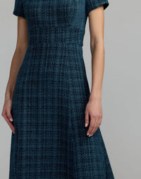 Mac Duggal #56453 teal short sleeve embellished boucle midi dress detail