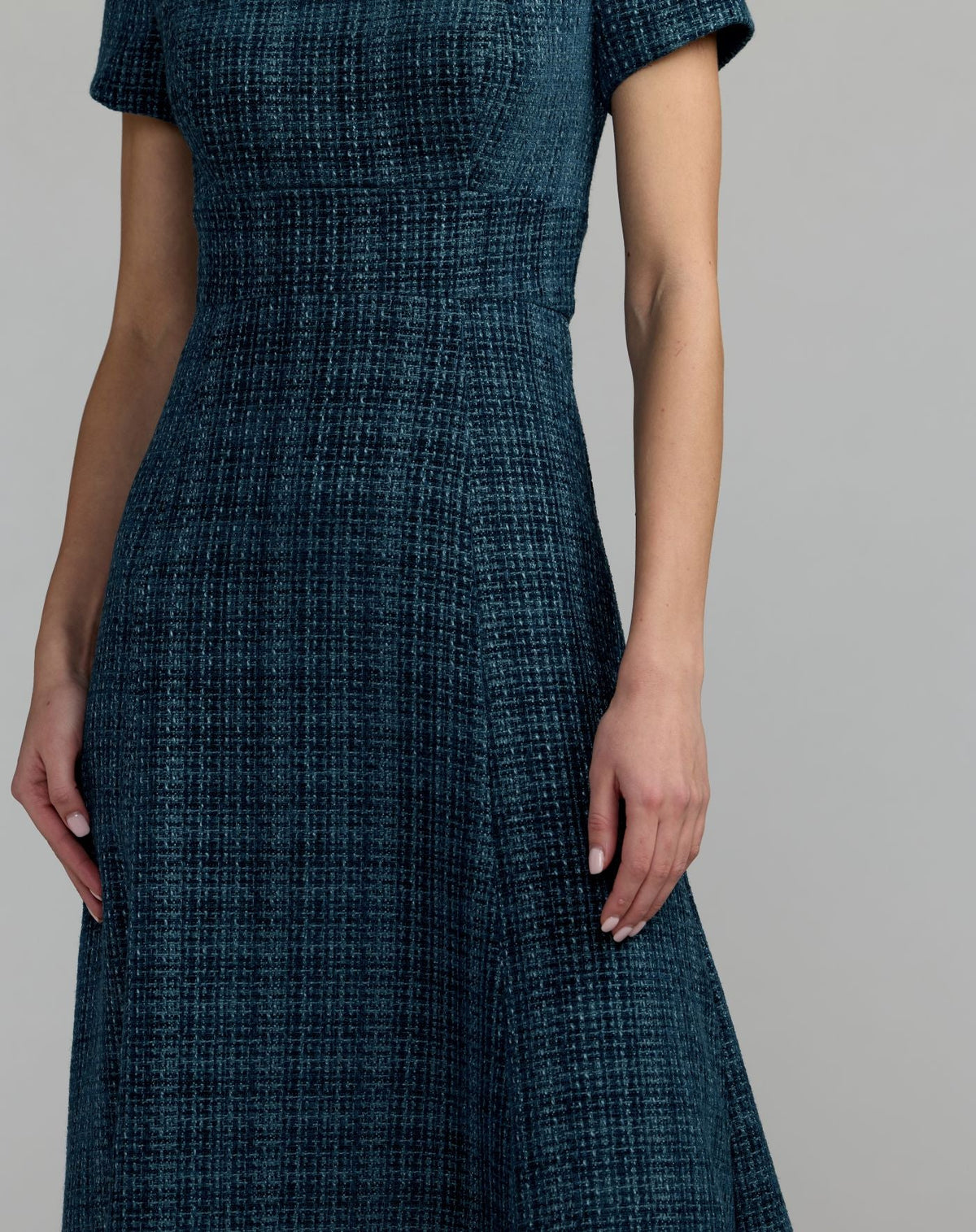 Mac Duggal #56453 teal short sleeve embellished boucle midi dress detail