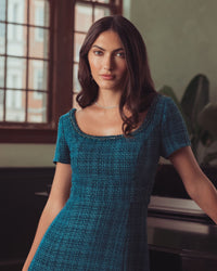 Mac Duggal #56453 teal short sleeve embellished boucle midi dress lifestyle