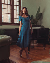 Mac Duggal #56453 teal short sleeve embellished boucle midi dress lifestyle