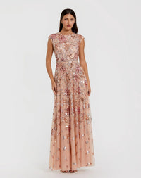 Mac Duggal #5647 Coral sequin high neck cap sleeve A-line gown
