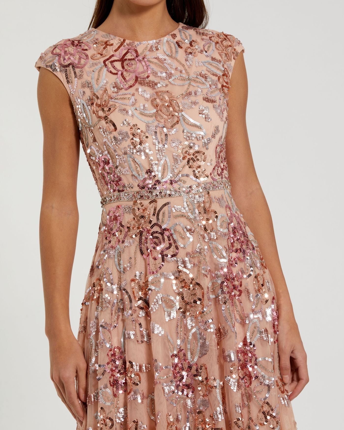 Mac Duggal #5647 Coral sequin A-line gown detail