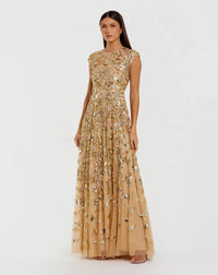 Sequined High Neck Cap Sleeve A Line Gown - Gold