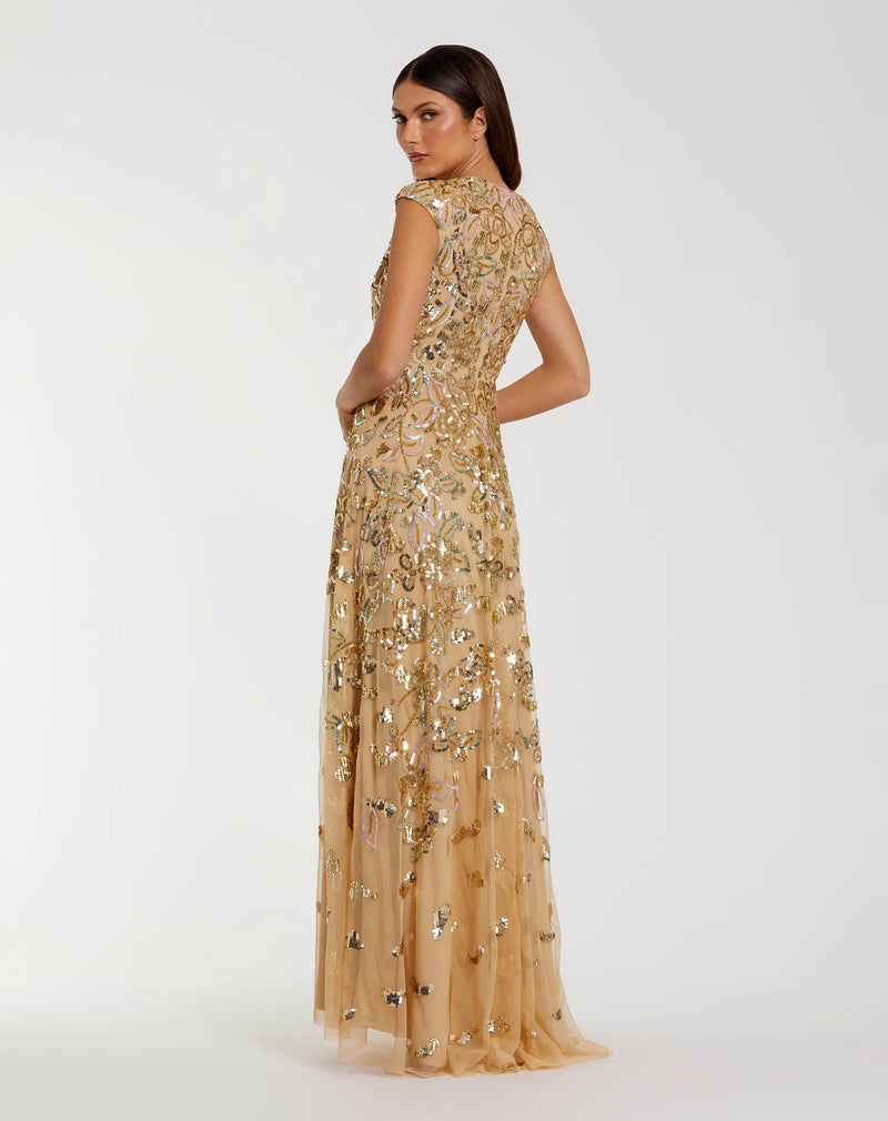Mac Duggal Gold Sequin High Neck Cap Sleeve A Line Gown #5647