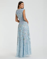 Sequined High Neck Cap Sleeve A Line Gown - Ice Blue Multi