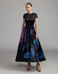 Mac Duggal 56471 Black Multi satin cap sleeve floral printed A line dress - front
