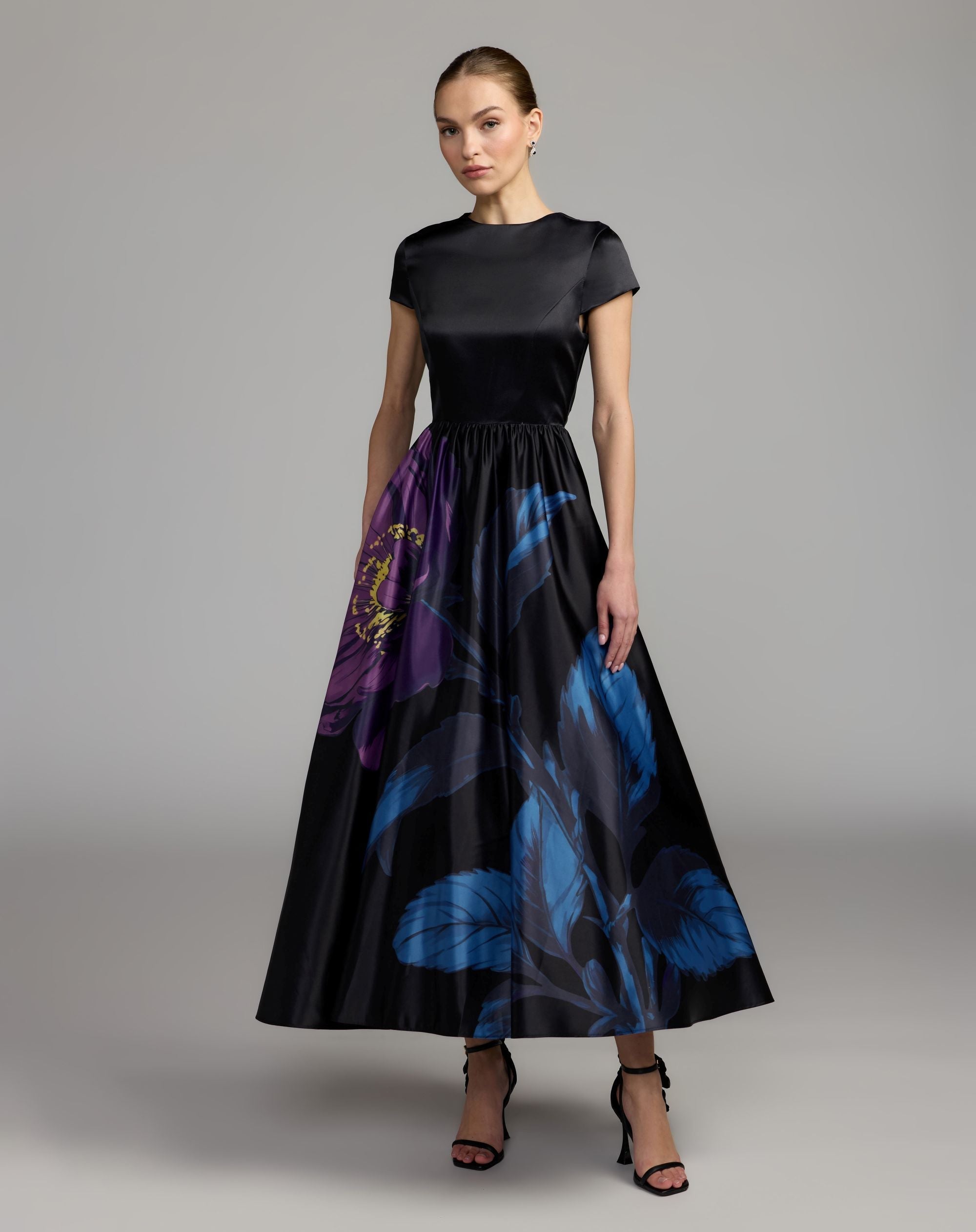 Mac Duggal 56471 Black Multi satin cap sleeve floral printed A line dress - front