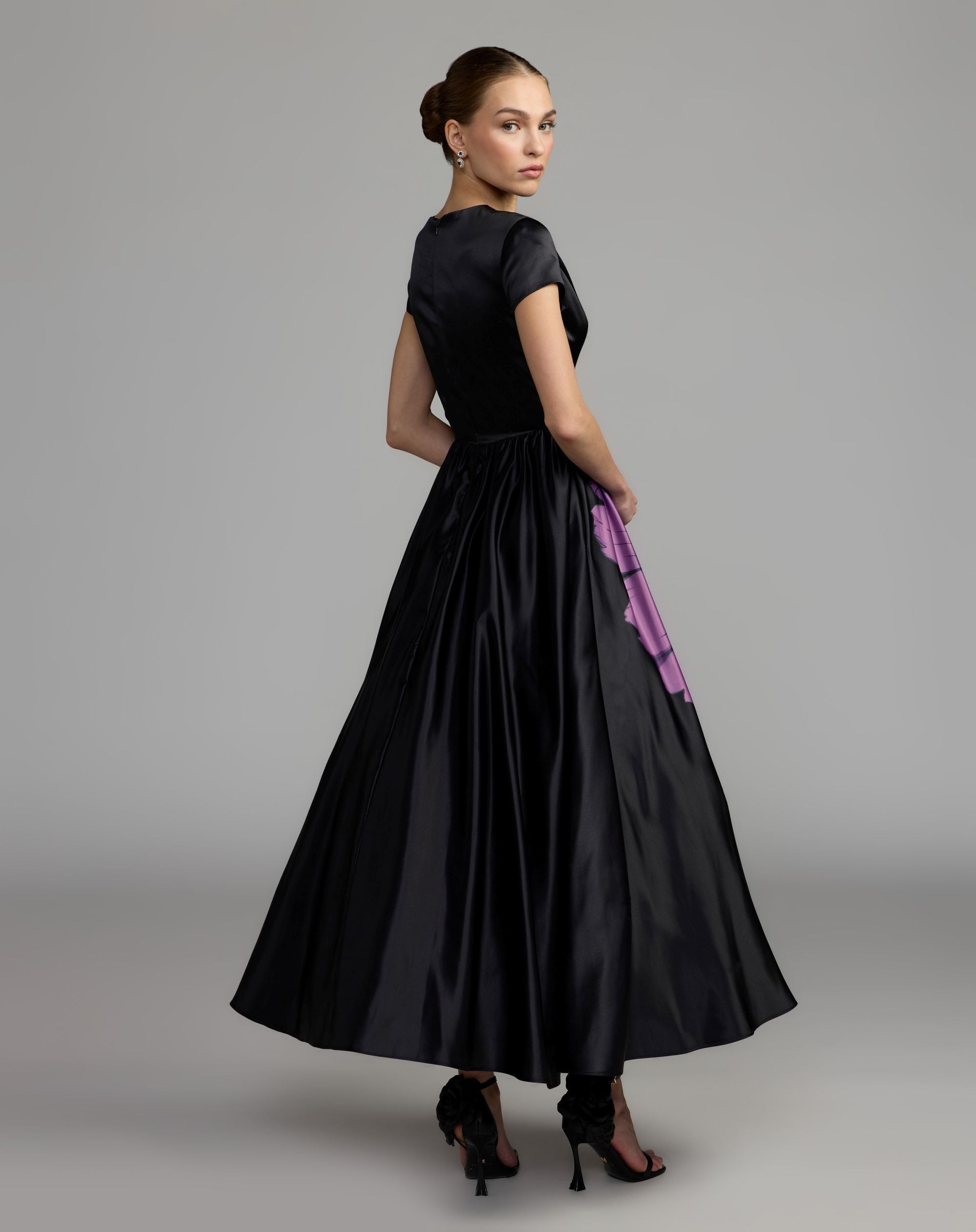Mac Duggal 56471 Black Multi satin cap sleeve floral printed A line dress - back