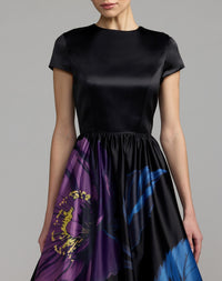 Mac Duggal 56471 Black Multi satin cap sleeve floral printed A line dress - detail