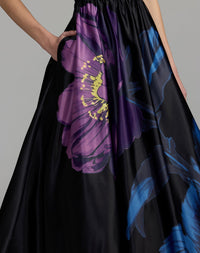 Mac Duggal 56471 Black Multi satin cap sleeve floral printed A line dress - close-up