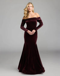Mac Duggal 56476 Wine velvet off the shoulder mermaid gown - front