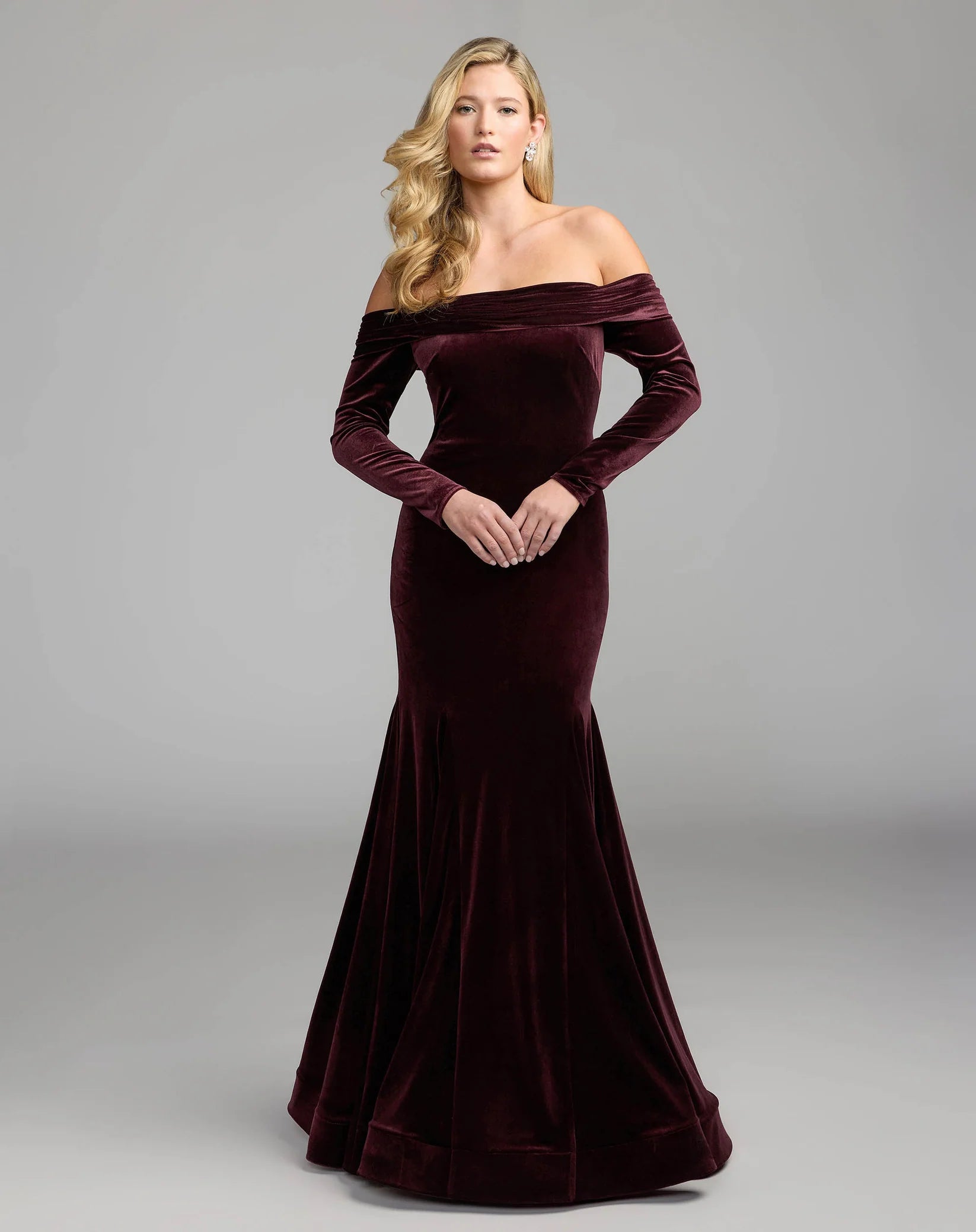 Mac Duggal 56476 Wine velvet off the shoulder mermaid gown - front