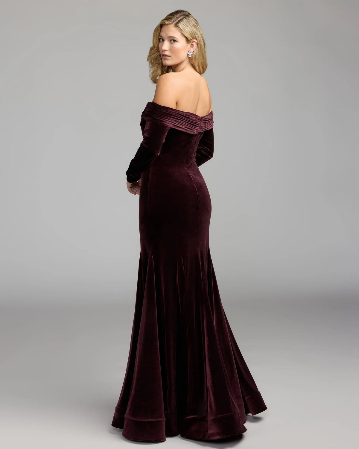 Mac Duggal 56476 Wine velvet off the shoulder mermaid gown - back