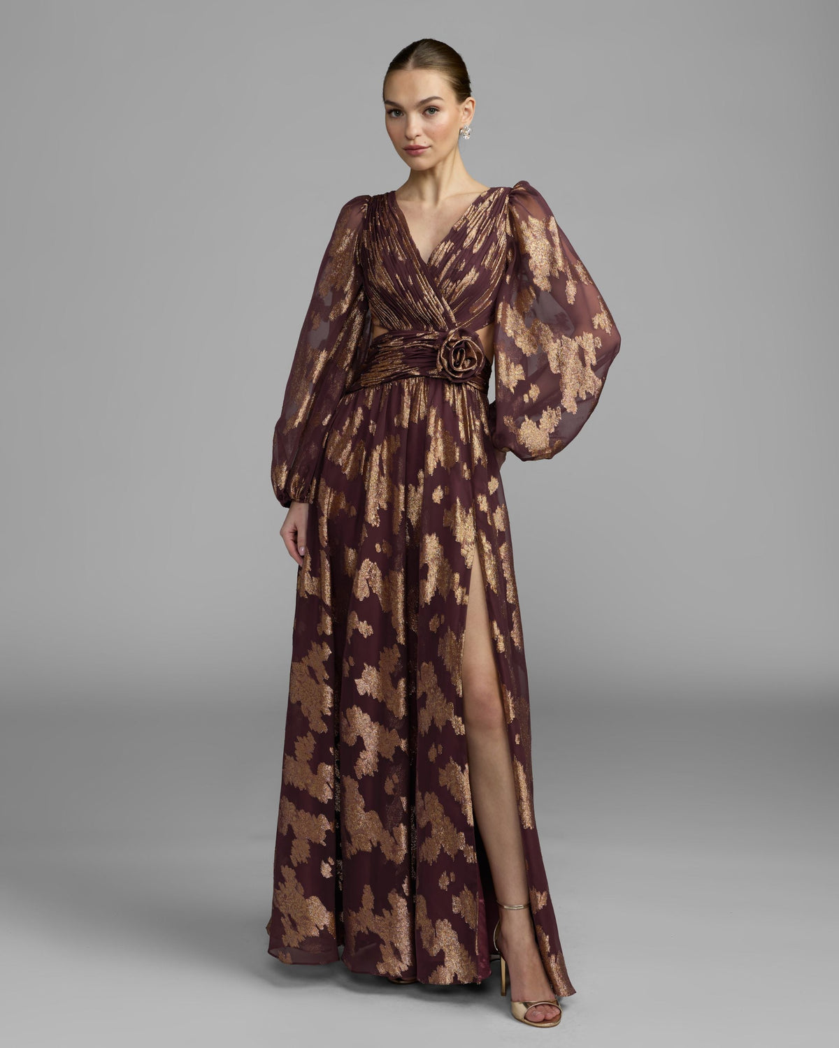 Mac Duggal #56486 wine metallic burnout rosette a-line gown