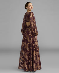 Mac Duggal #56486 wine metallic burnout rosette a-line gown back view