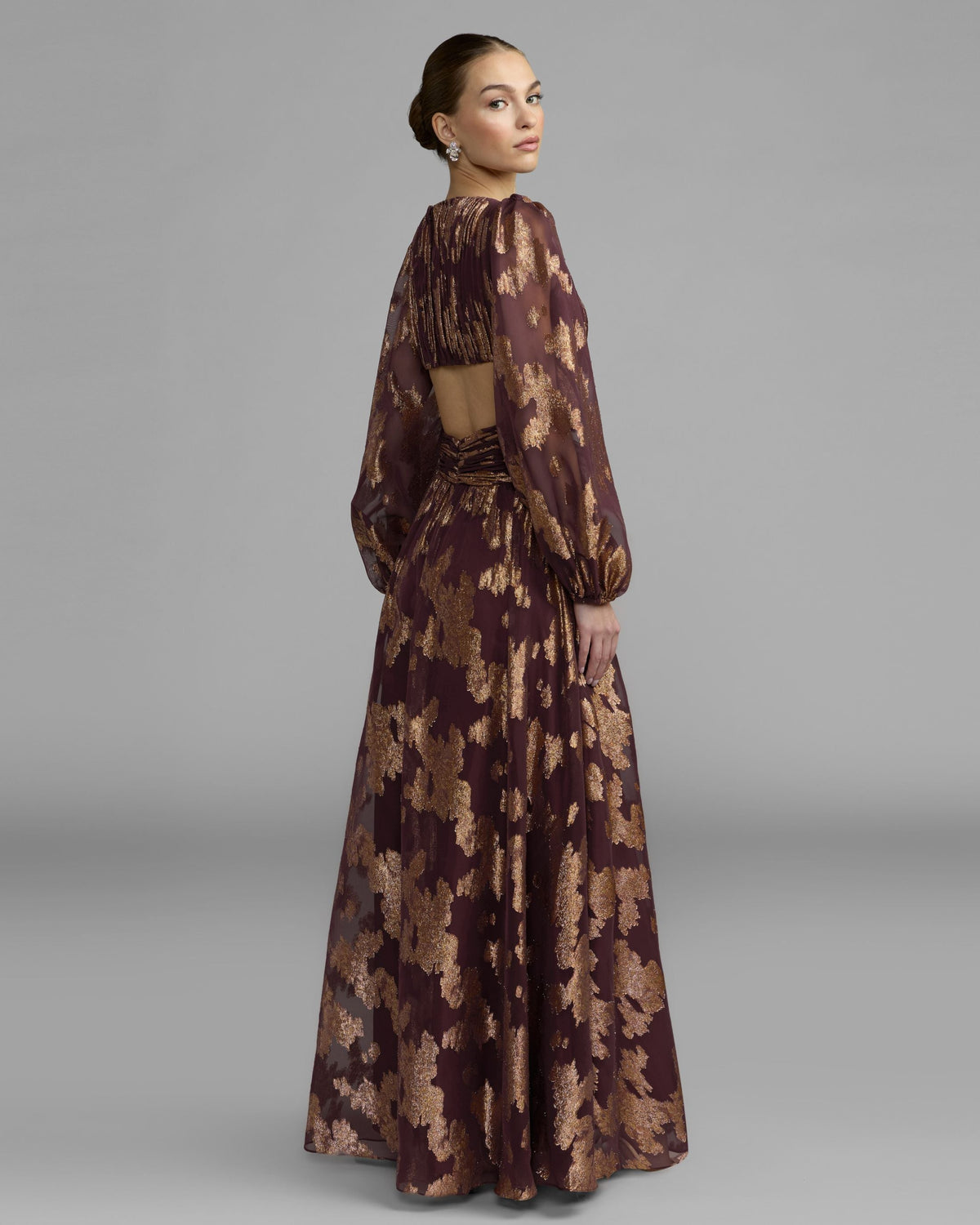 Mac Duggal #56486 wine metallic burnout rosette a-line gown back view