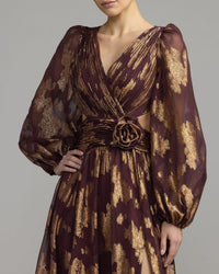 Mac Duggal #56486 wine metallic burnout rosette a-line gown close-up