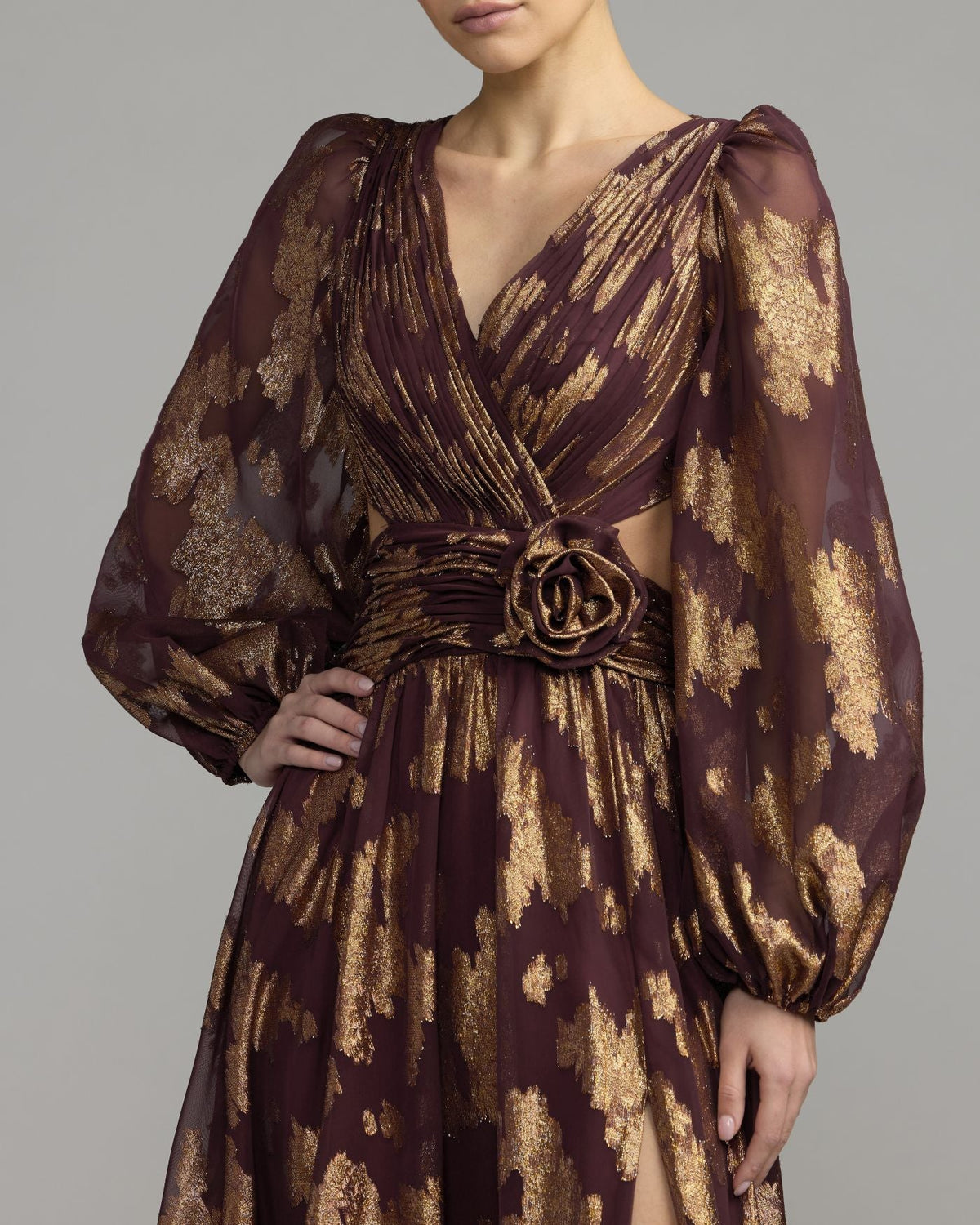 Mac Duggal #56486 wine metallic burnout rosette a-line gown close-up
