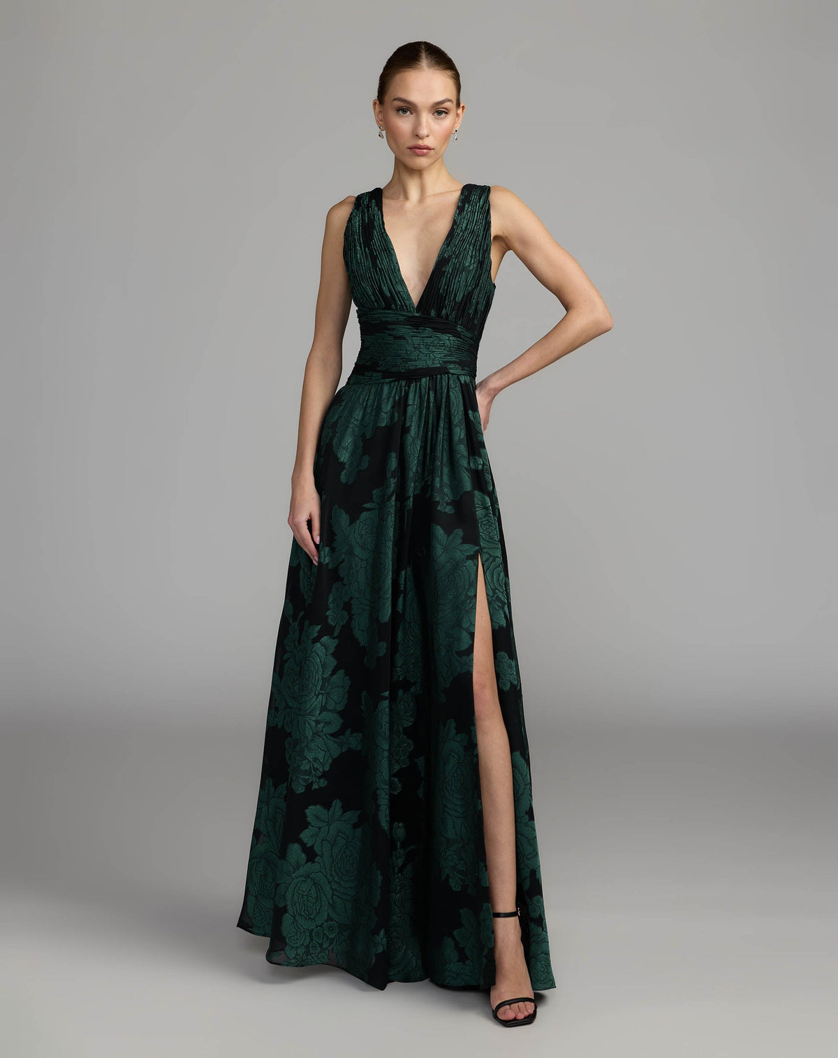 Mac Duggal #56487 Emerald Multi floral sleeveless plunge neck gown