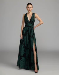 Mac Duggal #56487 Emerald Multi floral sleeveless plunge neck gown