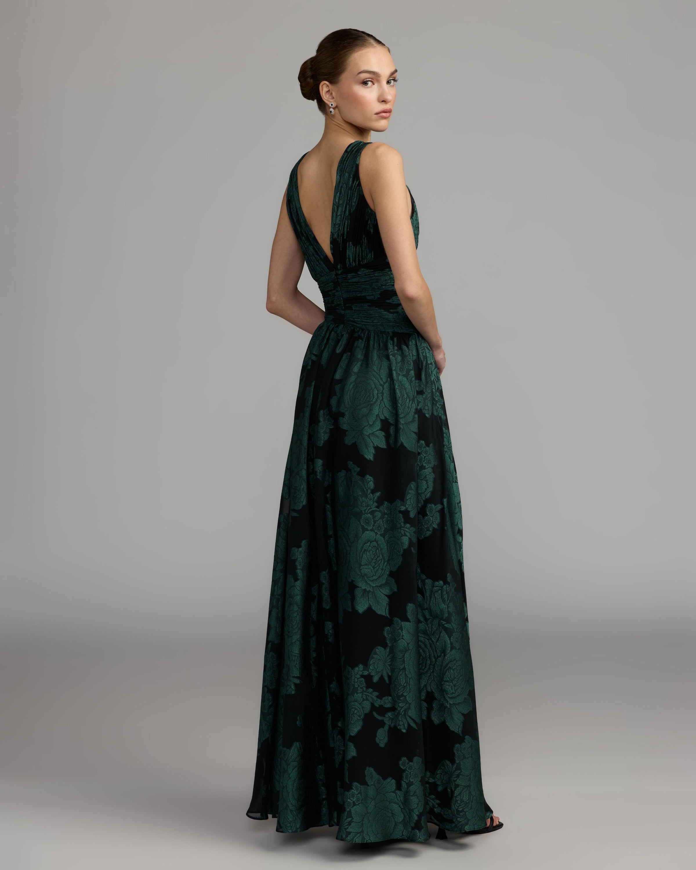 Mac Duggal #56487 Emerald Multi floral plunge neck gown back