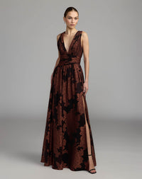 Mac Duggal #56487 spice multi floral sleeveless plunge neck gown