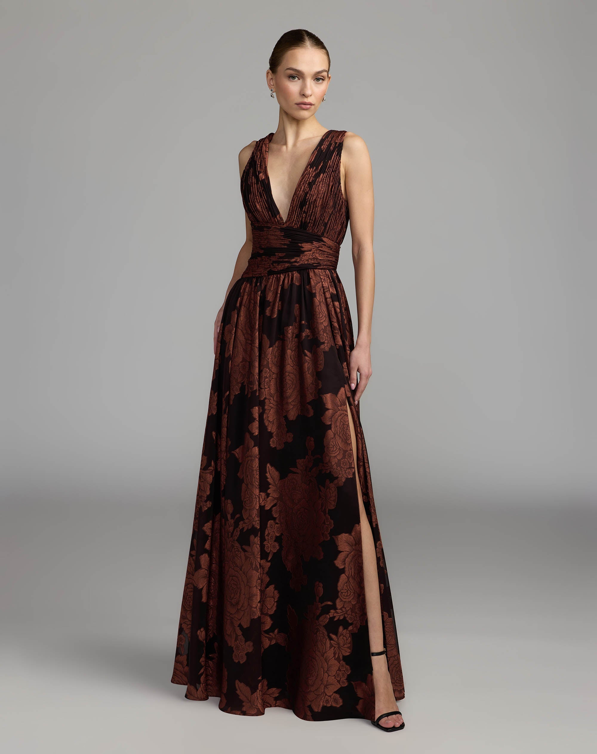 Mac Duggal #56487 spice multi floral sleeveless plunge neck gown