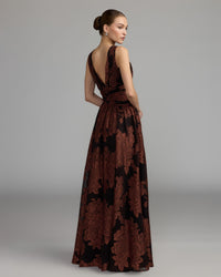 Mac Duggal #56487 spice multi floral gown back view