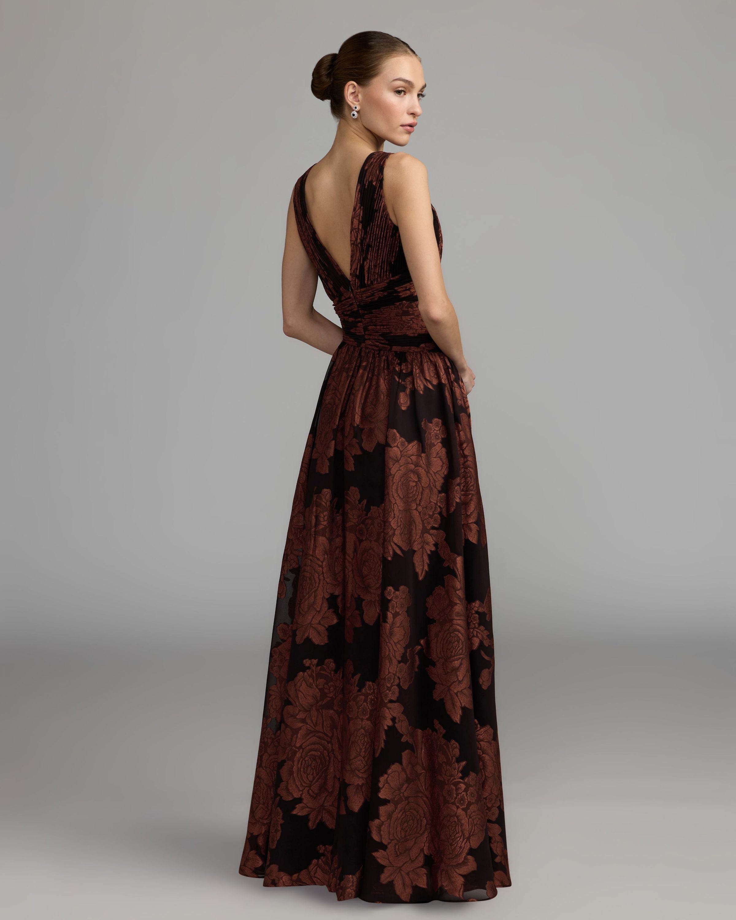 Mac Duggal #56487 spice multi floral gown back view