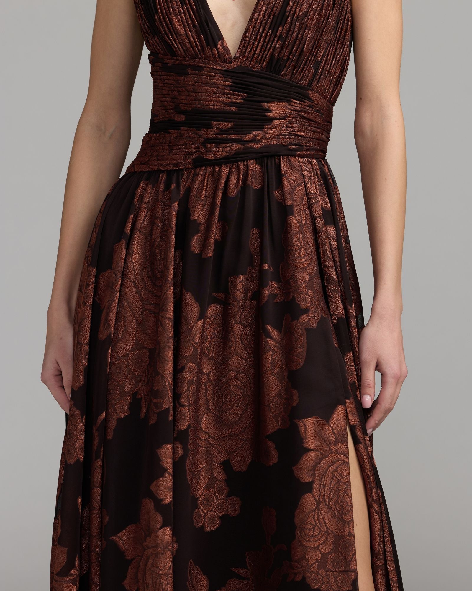 Mac Duggal #56487 spice multi floral burnout chiffon detail