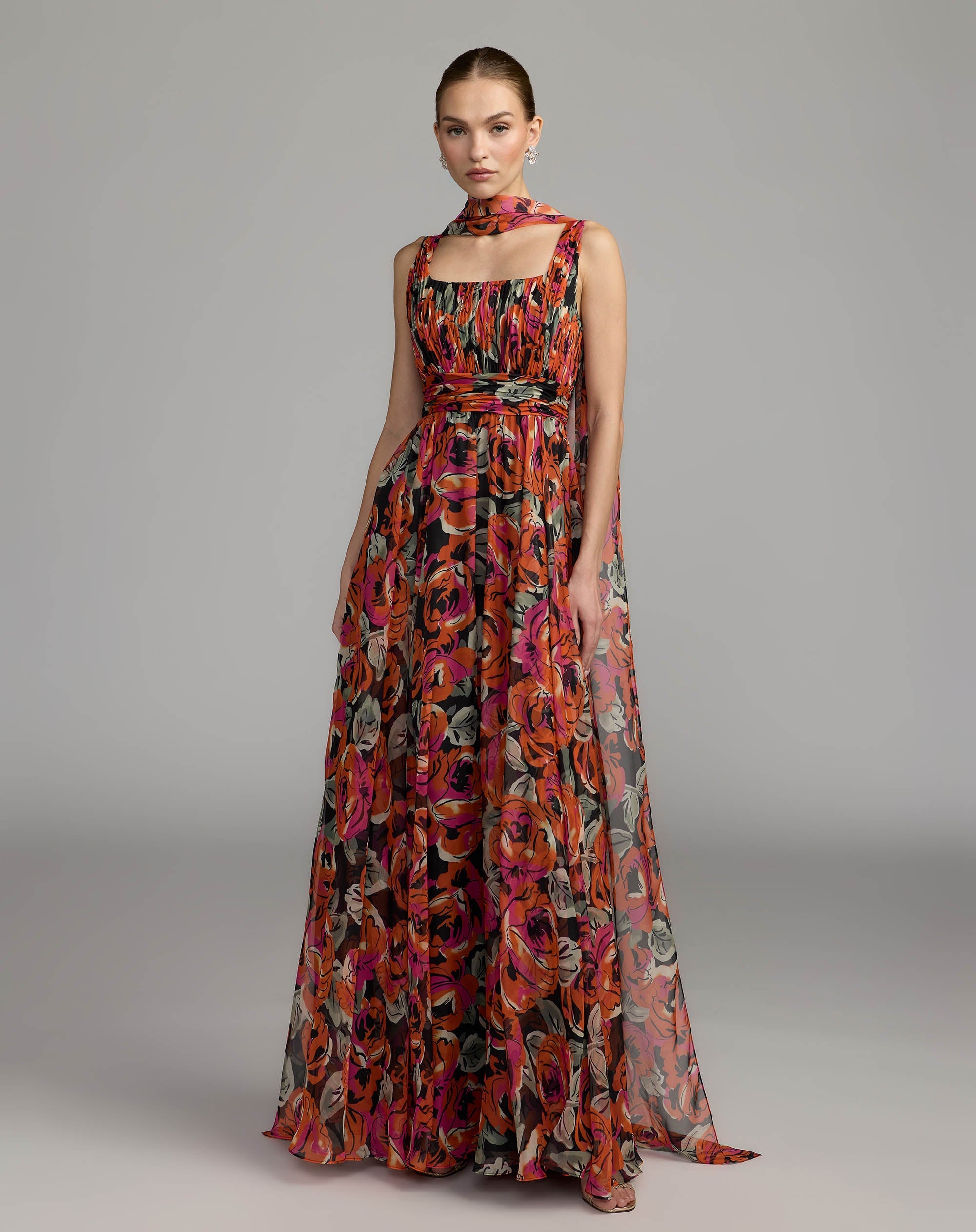 Mac Duggal #56497 rose floral chiffon gown with scarf