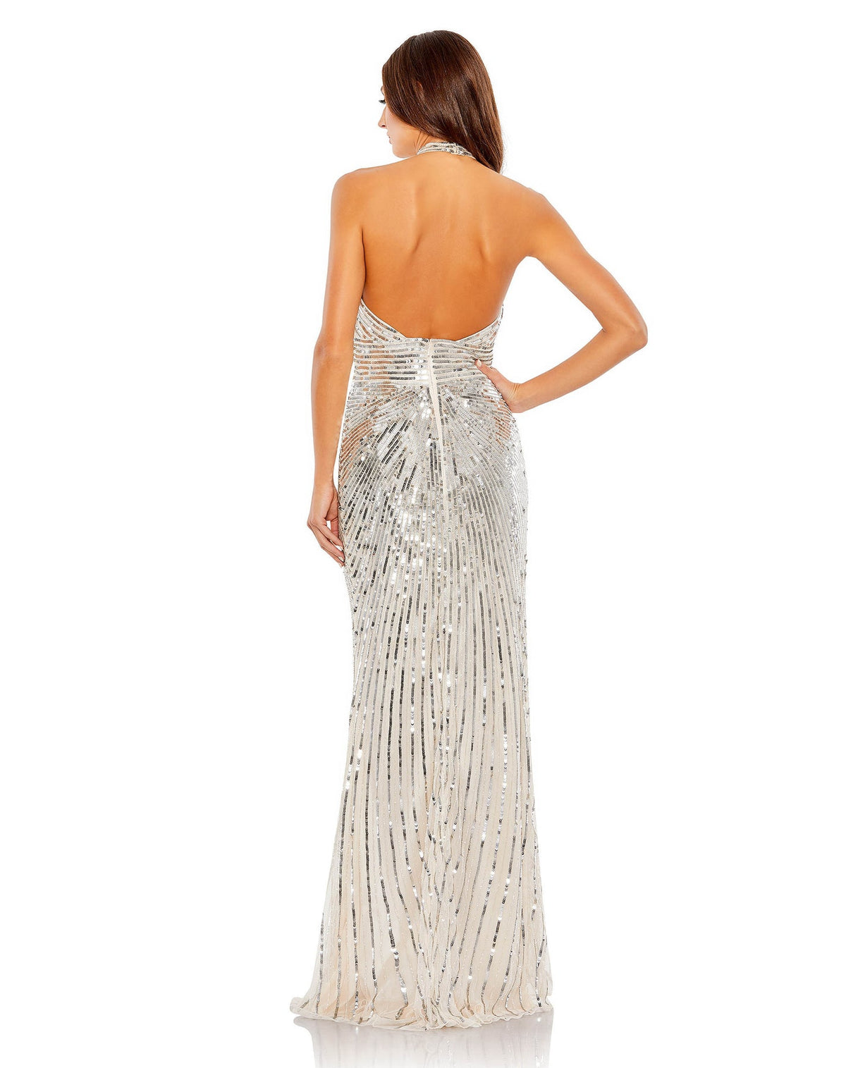 Mac Duggal Style #5650 Embellished keyhole halter strap draped gown - Silver back