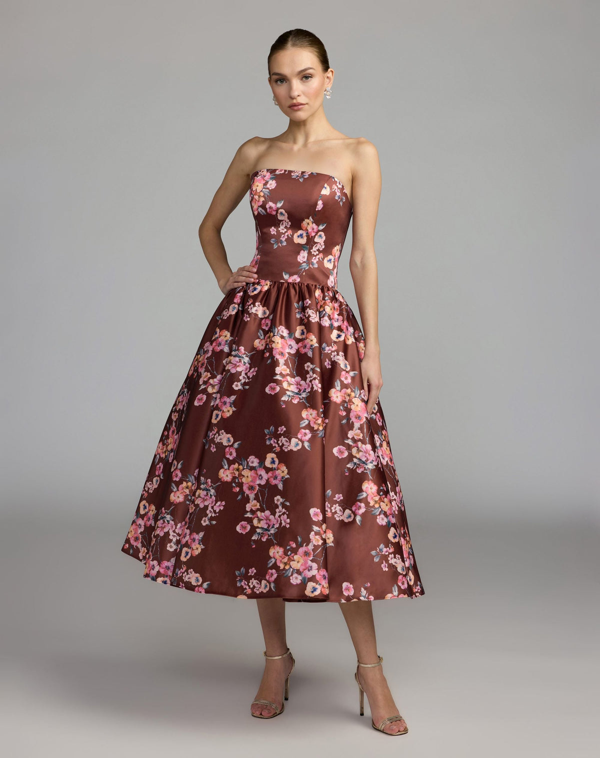 Mac Duggal 56504 bordeaux floral satin strapless A-line midi dress — front