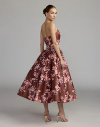 Multi Floral Satin Strapless A-Line Midi Dress