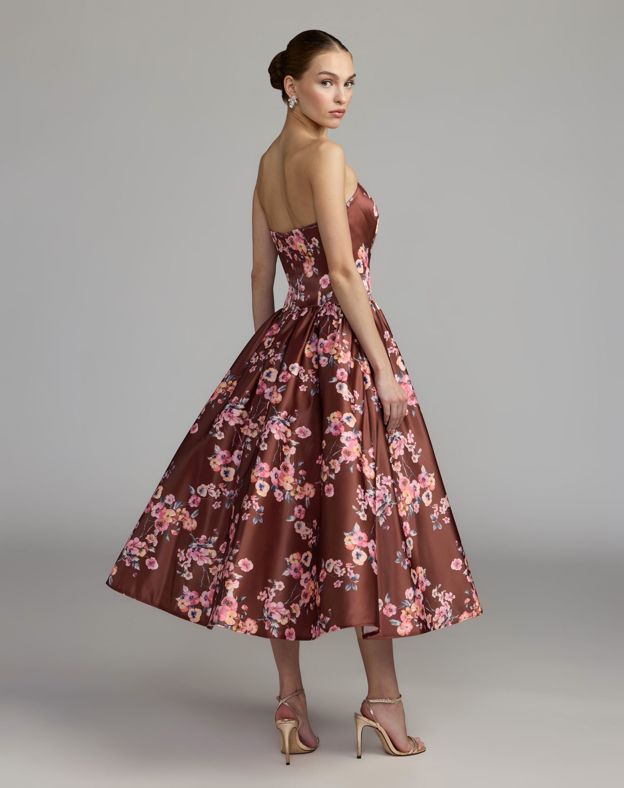 Multi Floral Satin Strapless A-Line Midi Dress