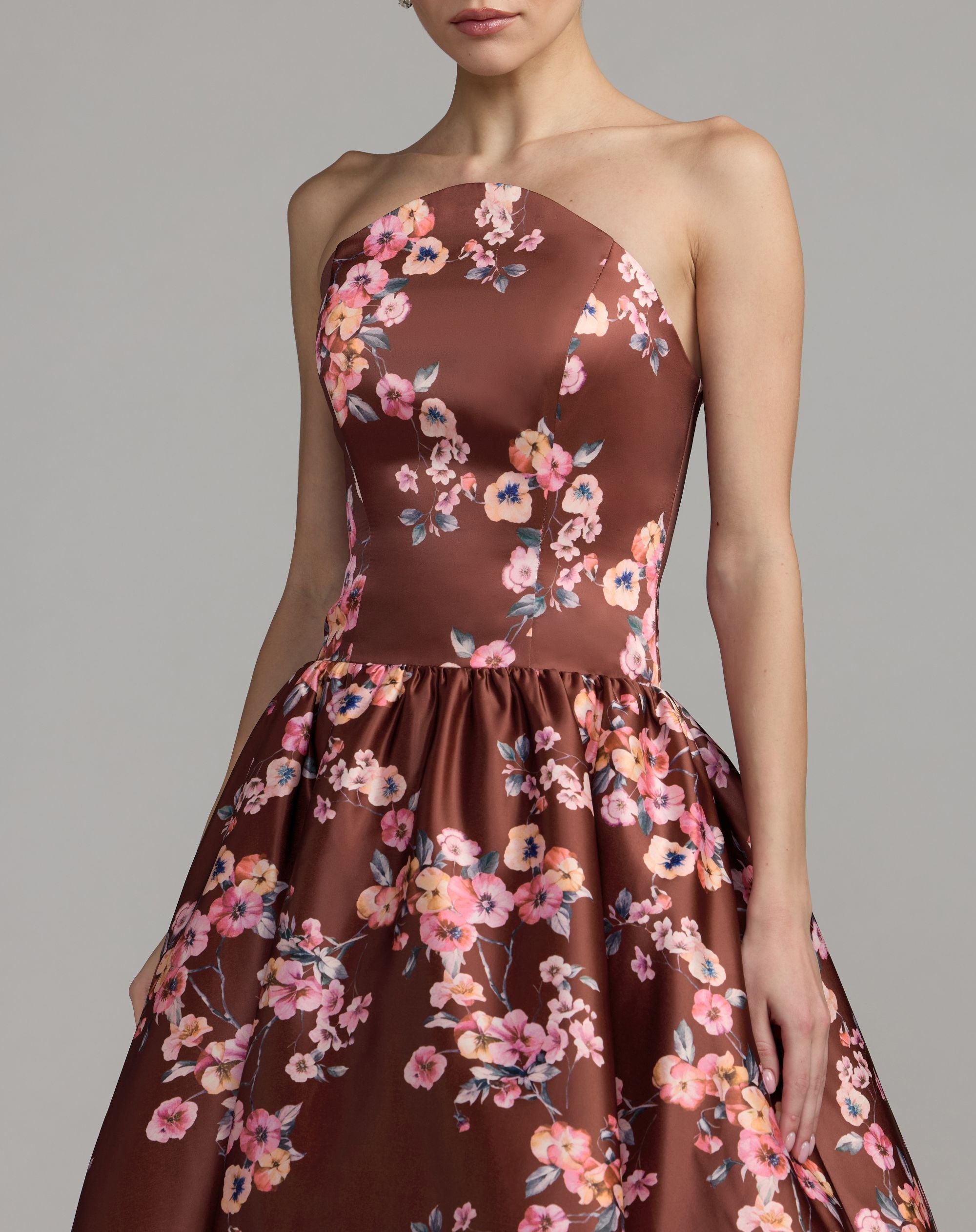 Multi Floral Satin Strapless A-Line Midi Dress