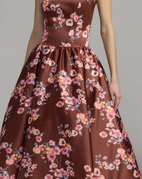 Multi Floral Satin Strapless A-Line Midi Dress