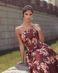 Multi Floral Satin Strapless A-Line Midi Dress