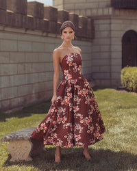 Multi Floral Satin Strapless A-Line Midi Dress