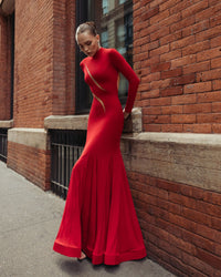 Mac Duggal #56535 red long sleeve mermaid evening gown