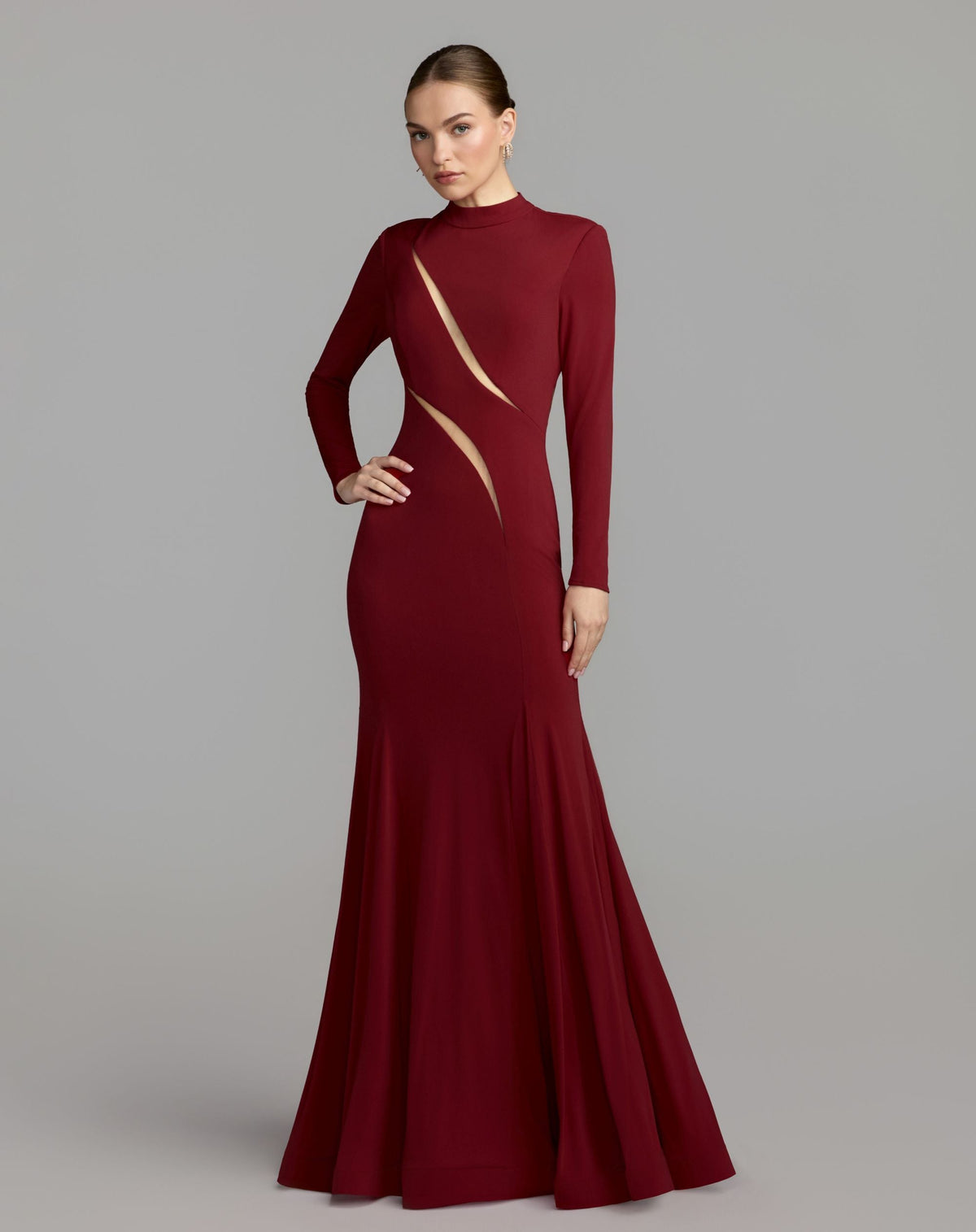 Mac Duggal #56535 red mock neck long sleeve cut out jersey gown