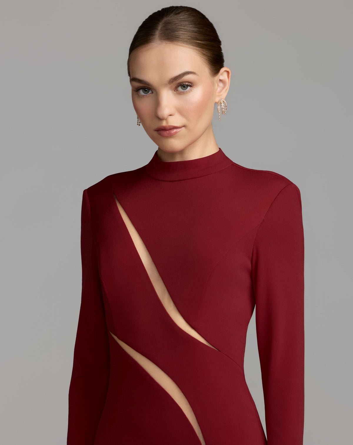 Mac Duggal #56535 red jersey gown mock neck close-up
