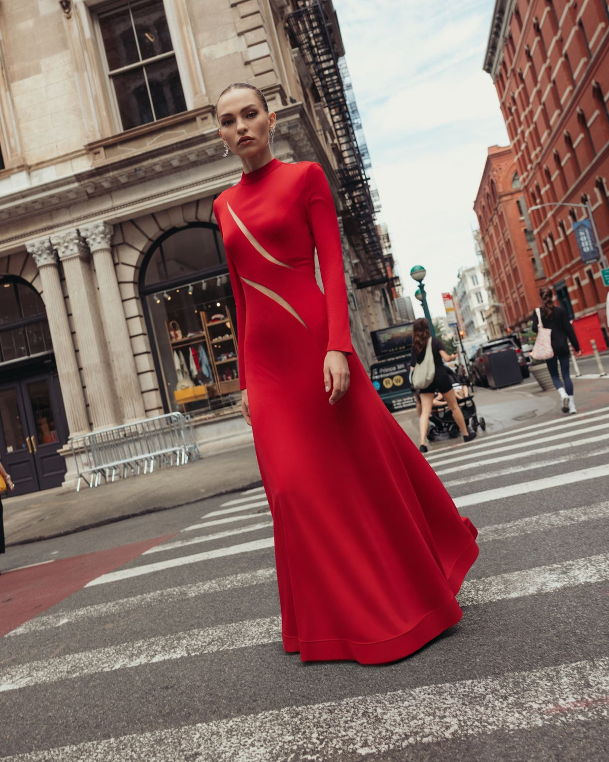Mac Duggal #56535 red mock neck gown lifestyle