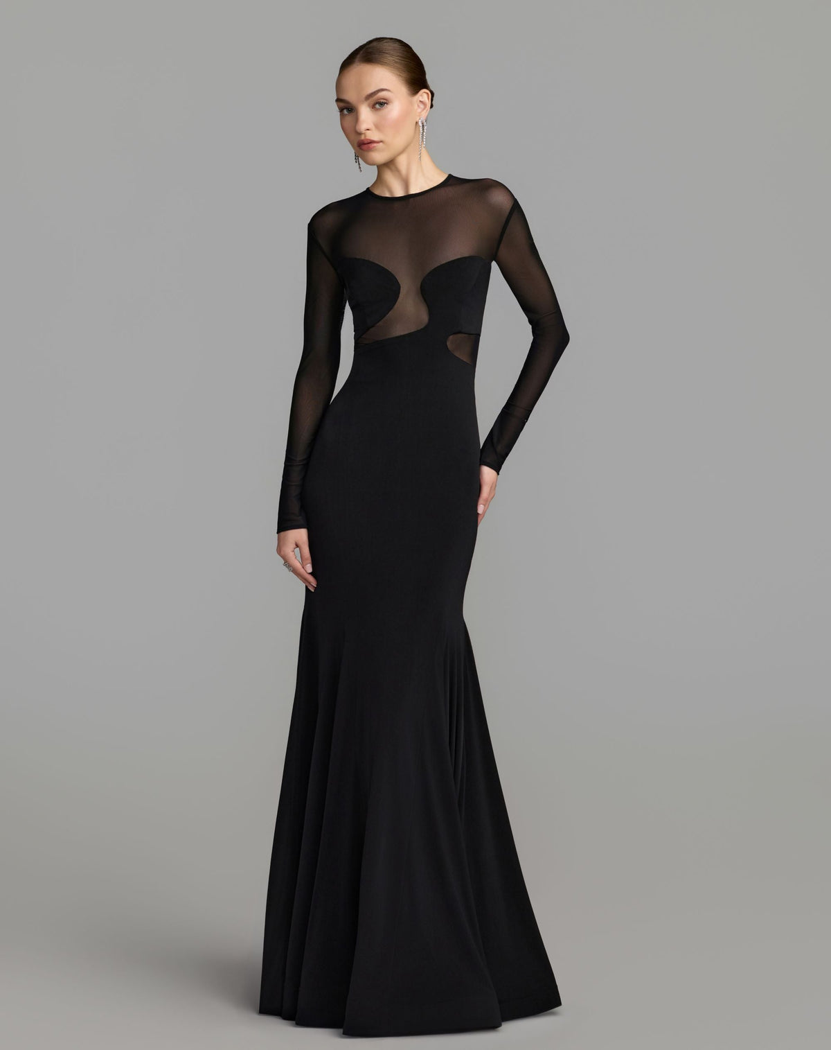 Mac Duggal #56536 black long sleeve sheer detail mermaid jersey gown