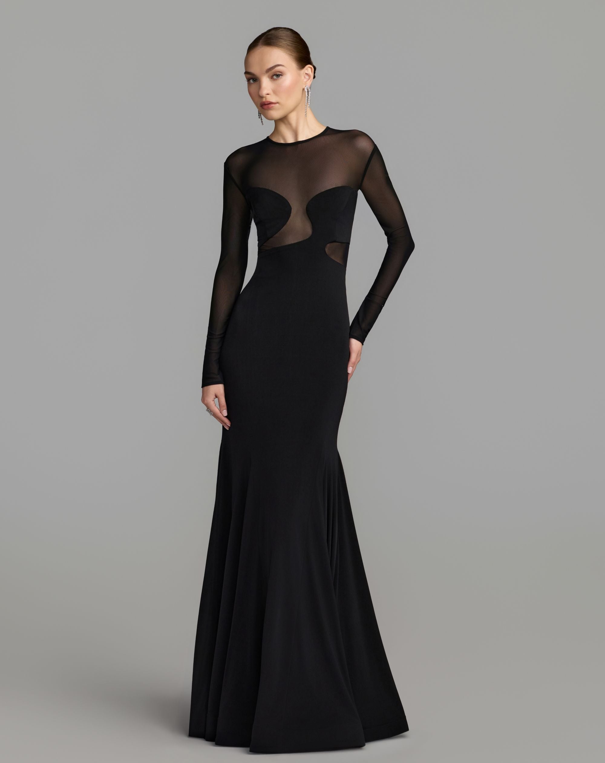 Mac Duggal #56536 black long sleeve sheer detail mermaid jersey gown