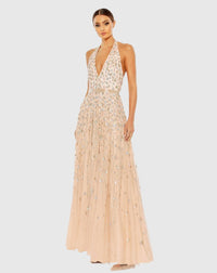 Floral Embellished Halter Plunge Gown - Powder Blue