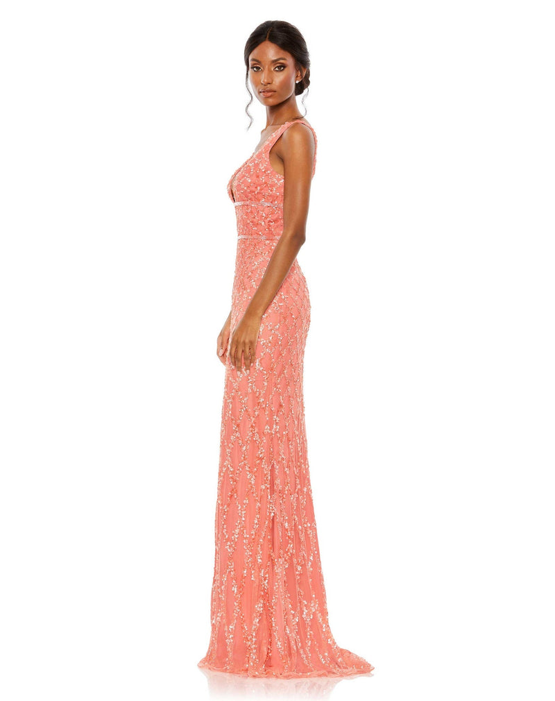 Sequin plunge neck sleeveless column gown - Coral