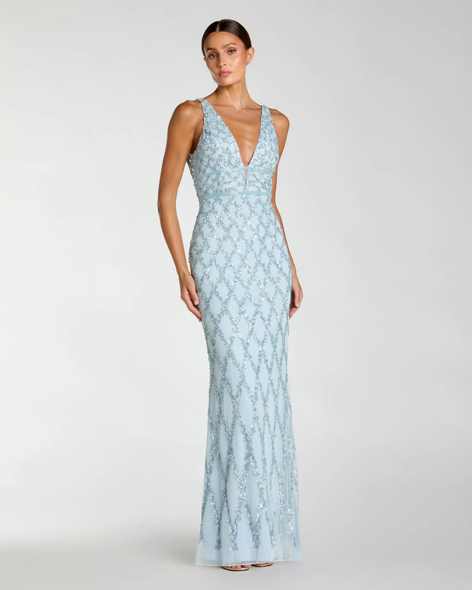 Mac Duggal #5669 Blue Sequin Embellished Sleeveless Column Gown