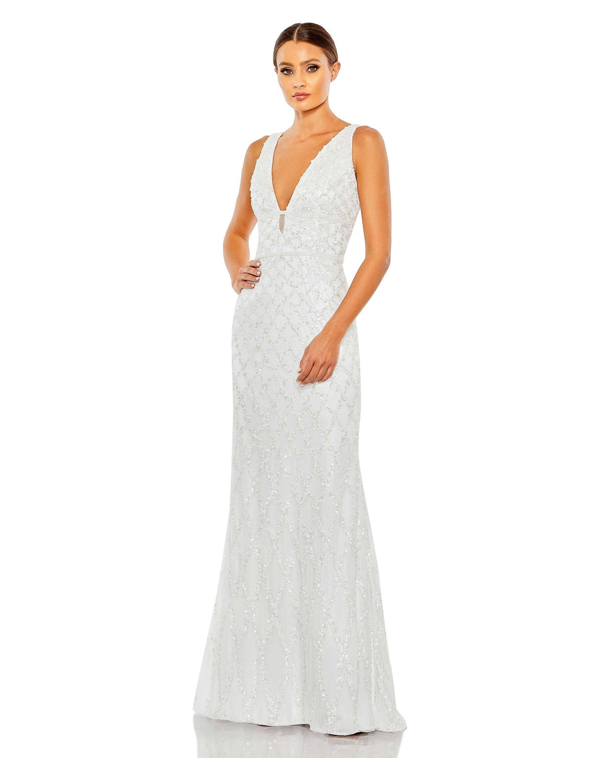 Sequin plunge neck sleeveless column gown - White